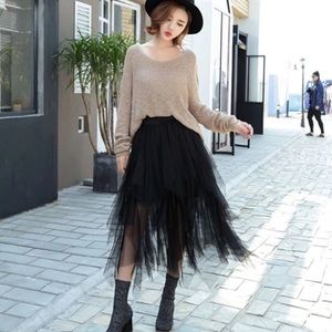 Layered Midi Mesh Skirt in Black Free Size